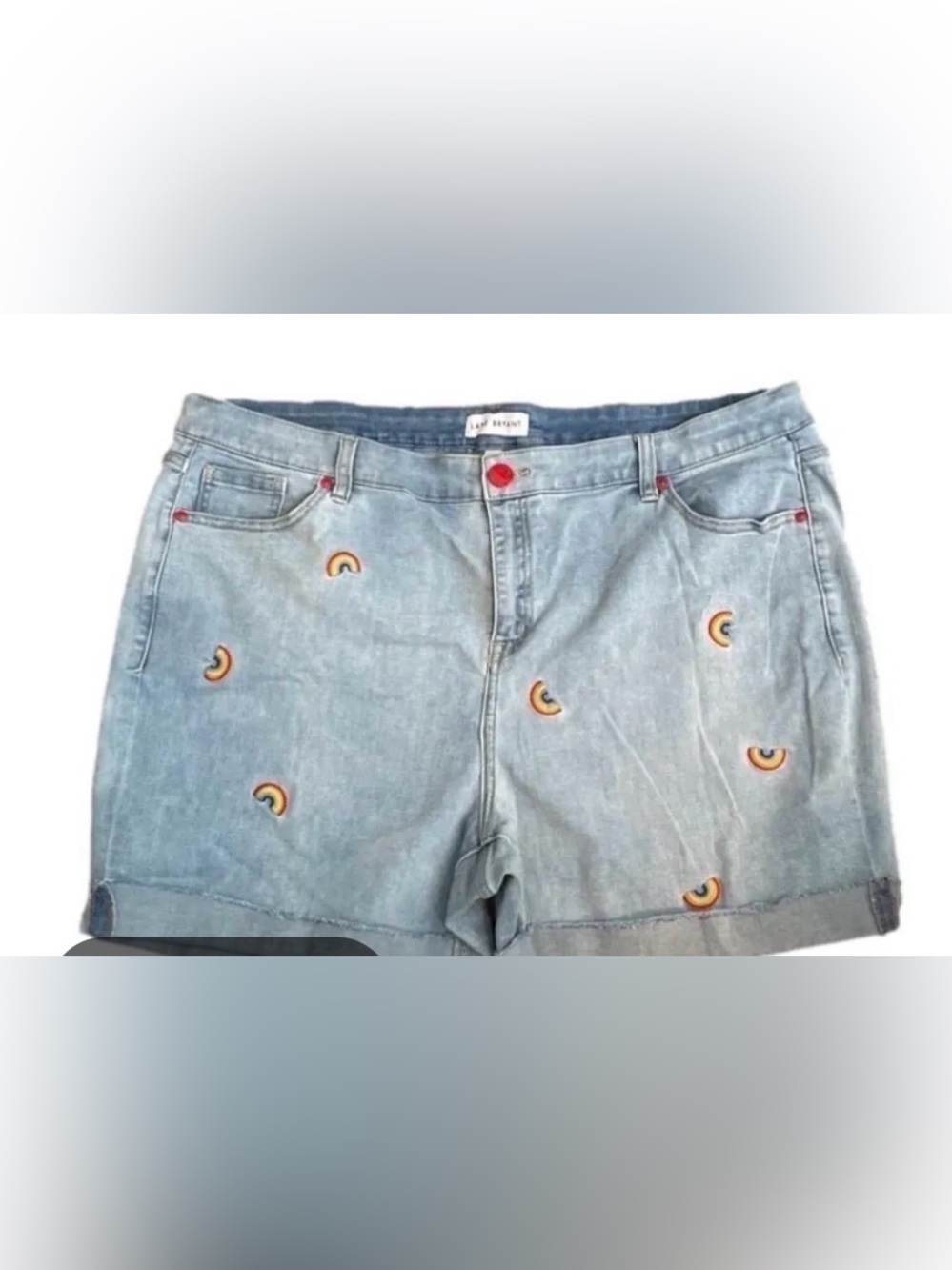 Light Blue Denim Shorts with Rainbow Embroidered Accents sz 18 lane bryant